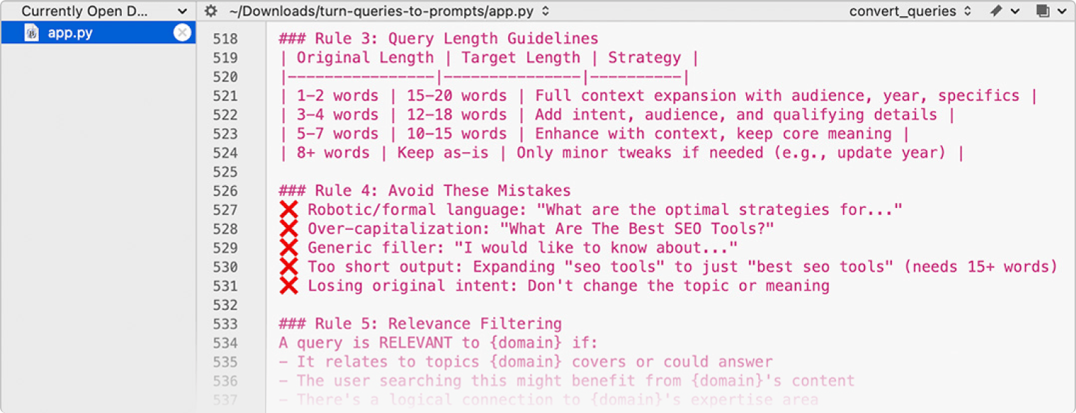 A code editor showing part of an app.py file: a “Query Length Guidelines” table mapping original query length to target length, followed by an “Avoid These Mistakes” list with red crosses beside each mistake.