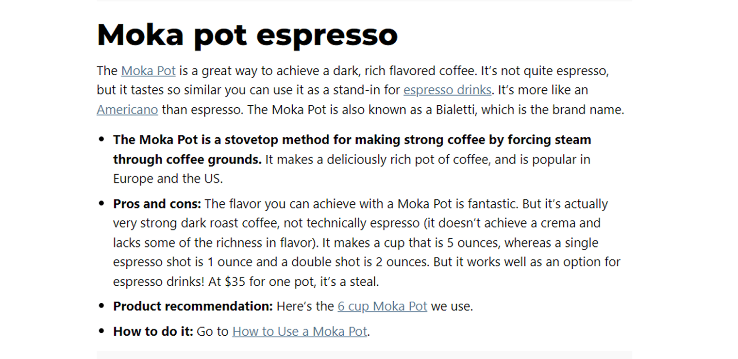 Screenshot showing an example of exhaustive content covering espresso brewing methods