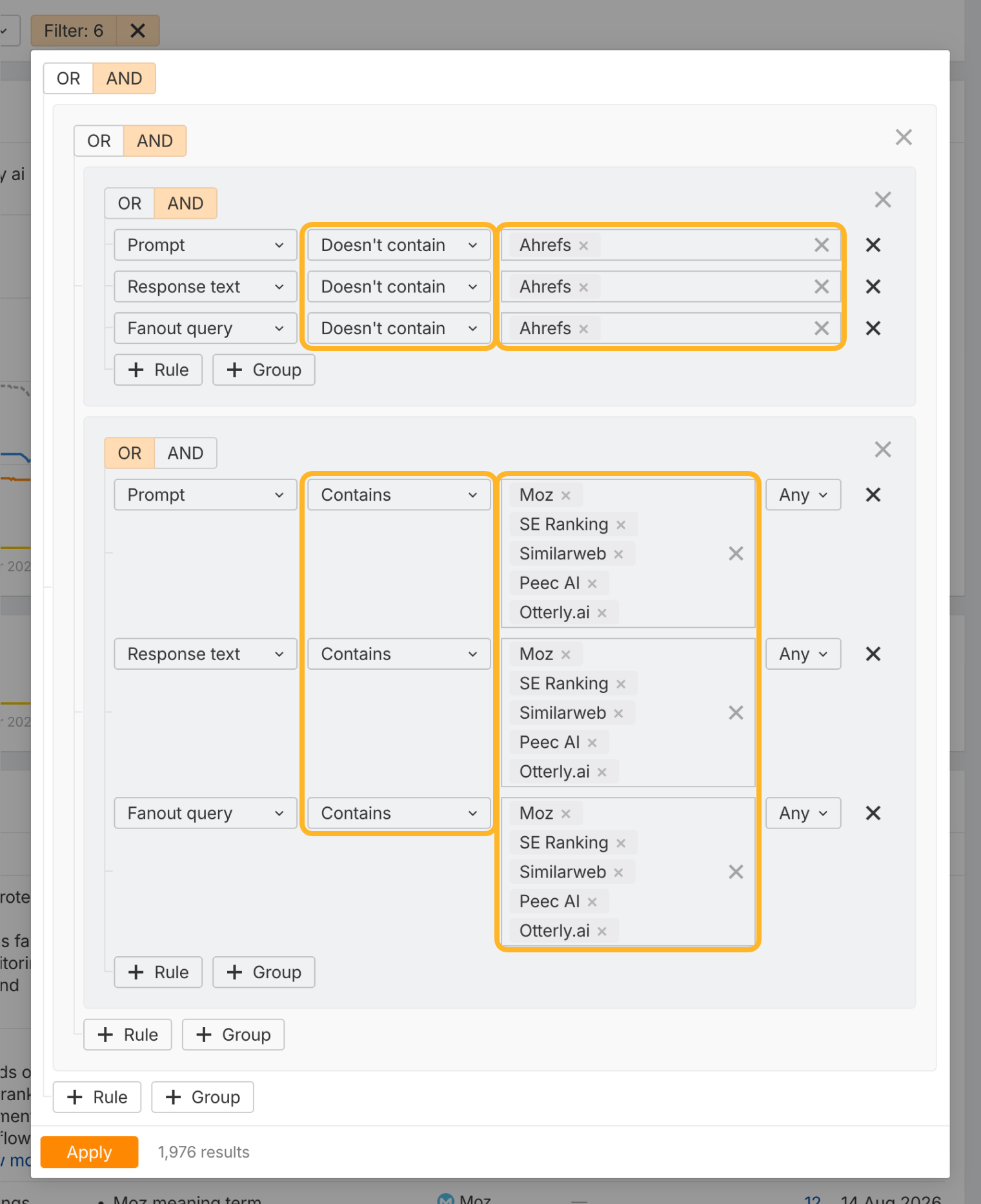 The filter Brand Radar builds for a mention gap, ringed in two groups: the prompt, response text and fan-out query must not contain Ahrefs, and must contain one of Moz, SE Ranking, Similarweb, Peec AI or Otterly.ai.
