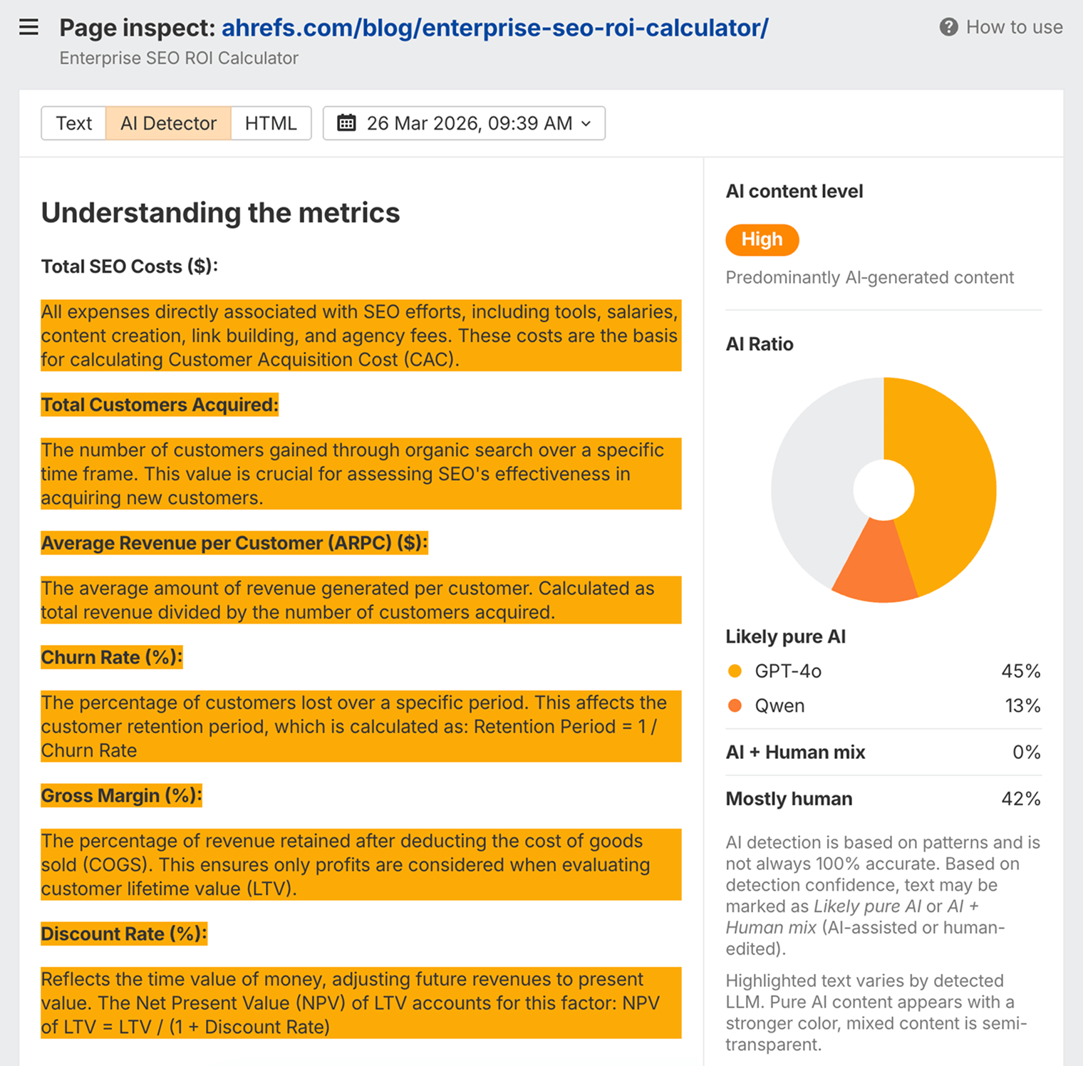 在 Site Explorer Page Inspect 中使用 Ahrefs 的 AI 检测器