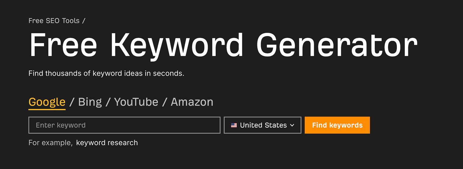Ahrefs 免费关键词生成器工具的着陆页，包含用于输入种子关键词的搜索输入框