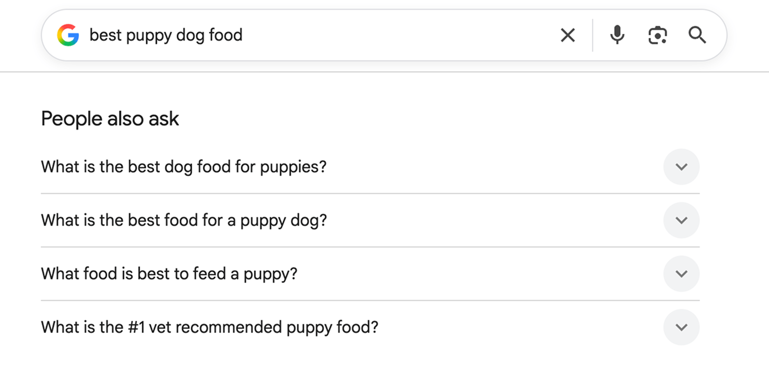A Google search for “best puppy dog food” showing a People also ask box with four collapsed questions, each asking a variation of what the best food for a puppy is.