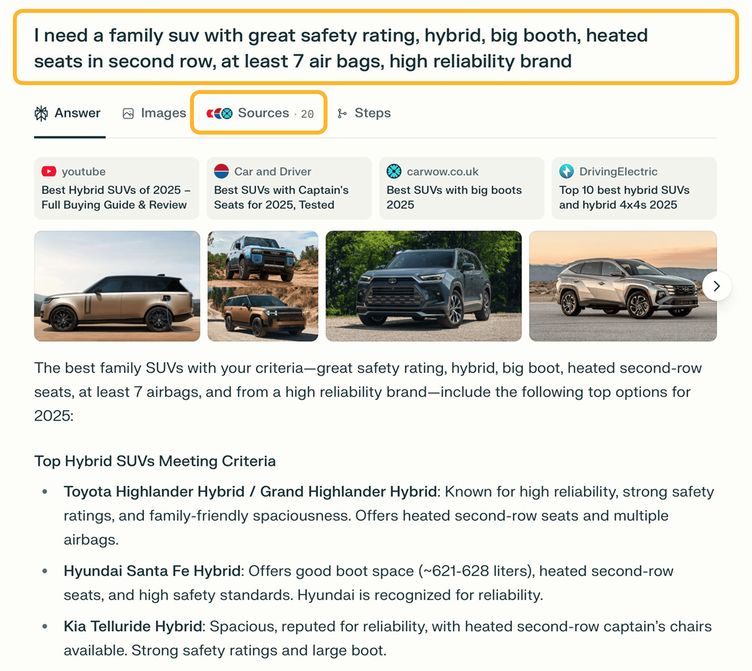 Perplexity’s answer to a detailed prompt asking for a hybrid family SUV with a great safety rating, a big boot, heated second-row seats, and at least seven airbags. The prompt and the “Sources · 20” tab are ringed above source cards from YouTube, Car and Driver, carwow.co.uk, and DrivingElectric, SUV photos, and a list of picks led by the Toyota Highlander Hybrid.
