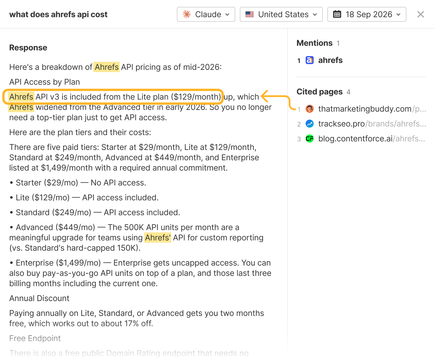 Claude’s answer to the same prompt on 18 Sep 2026, after the cited page was updated. The ringed claim now says Ahrefs API v3 is included from the Lite plan at $129/month. An arrow links the claim to the first cited page, on thatmarketingbuddy.com.