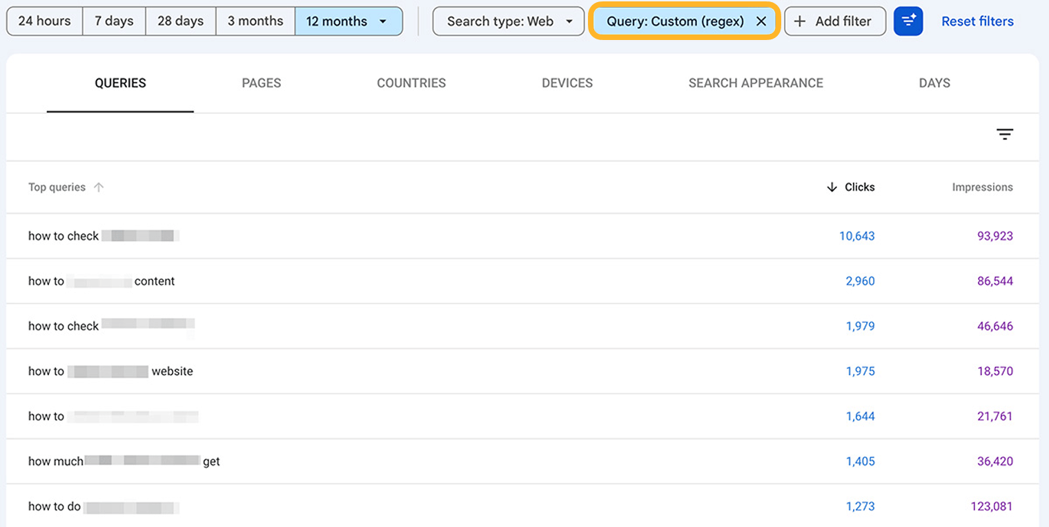 The Queries tab of Google Search Console over the last 12 months, with a ringed “Query: Custom (regex)” filter applied, listing “how to” queries and their clicks and impressions.