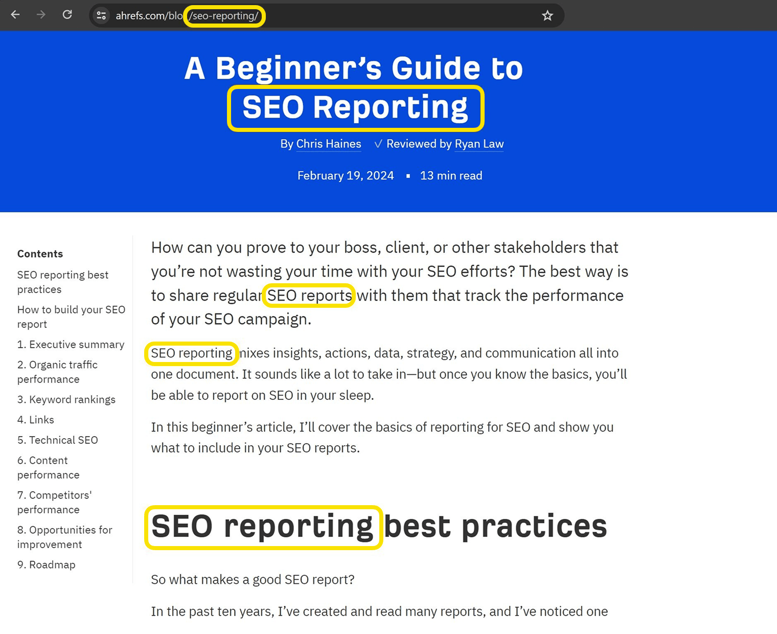 Ahrefs SEO reporting tool showing target keyword placement in title, URL, and content