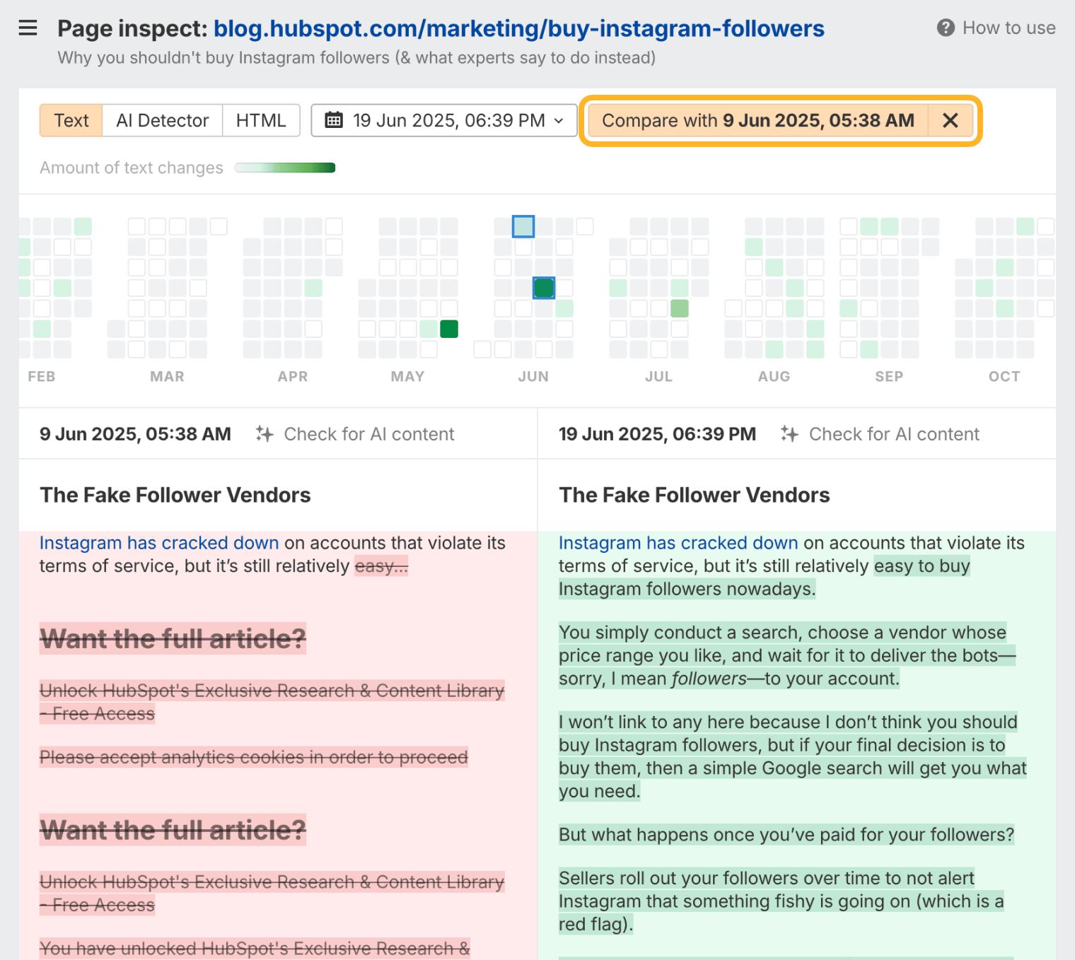 Ahrefs Page Inspect comparing two versions of a HubSpot blog post, from 9 Jun 2025 and 19 Jun 2025, with the “Compare with” control ringed. Removed text is highlighted in red on the left and added text in green on the right.