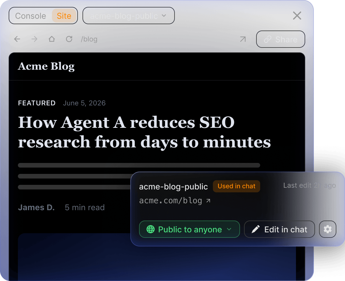 Agent A public site preview with sharing controls.