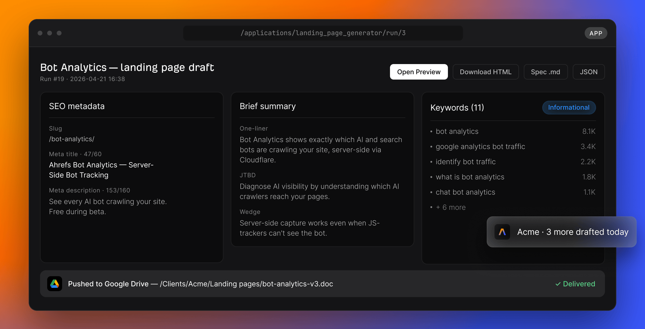 Workspace de borrador de landing page de Agent A