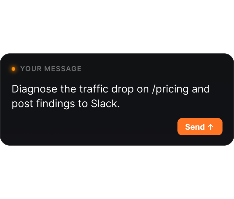 Example prompt asking Agent A to diagnose a traffic drop on /pricing and post findings to Slack.