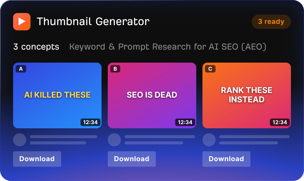 Thumbnail Generator app output showing three generated thumbnail concepts.
