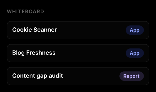 Whiteboard of prebuilt items — Cookie Scanner, Blog Freshness, Content gap audit.