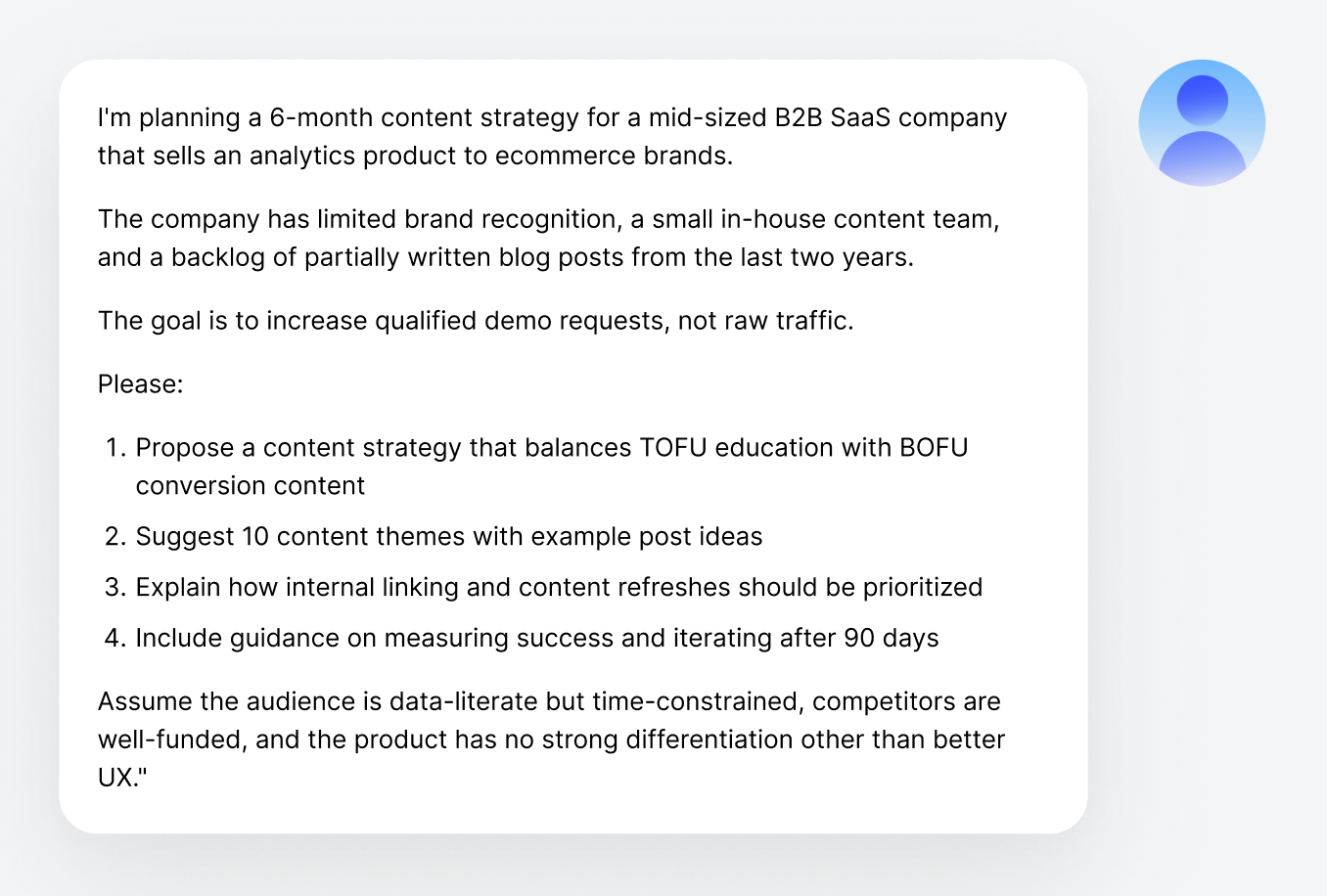 Mockup de um prompt longo e detalhado inserido por um usuário em uma interface de chat com IA