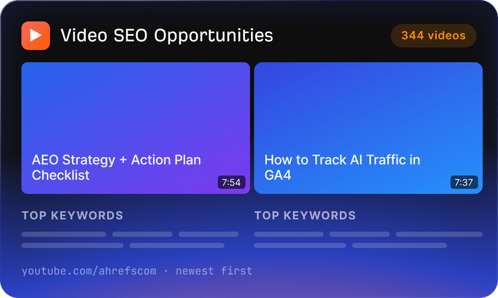 Video SEO Opportunities app output showing YouTube SEO opportunity cards.