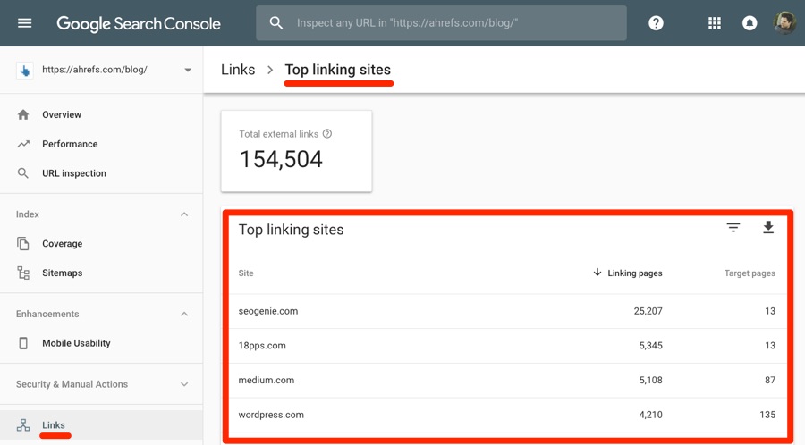 top linking sites search console