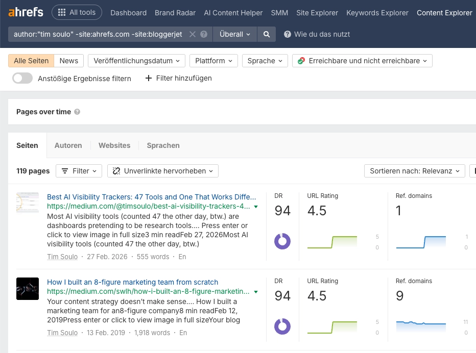 Screenshot aus Ahrefs Content Explorer, Suchoperatoren werden für Autorensuche verwendet