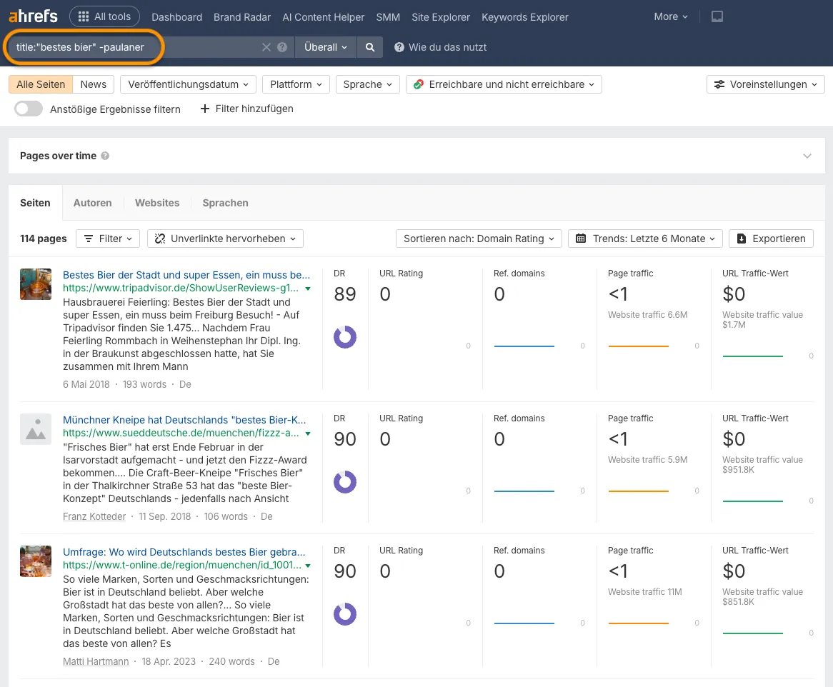 Screenshot aus dem Ahrefs Content Explorer mit angewendeten Suchoperatoren