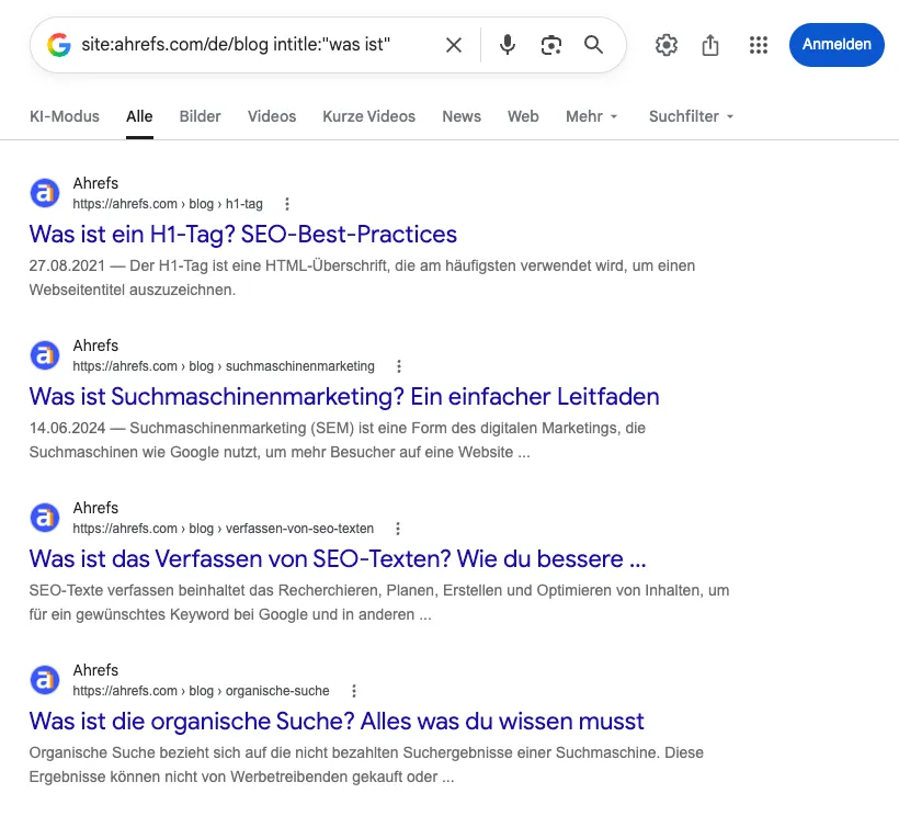 Screenshot der Google SERP mit site operator