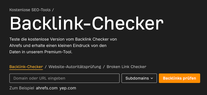 Screenshot des kostenlosen Backlink Checkers von Ahrefs