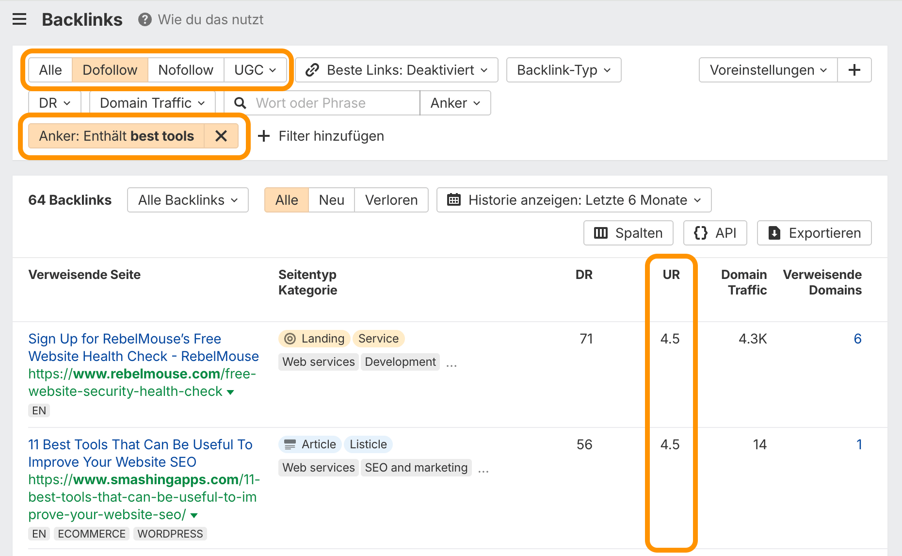 Screenshot des Backlink Berichts aus dem Site Explorer mit gesetzten Filtern