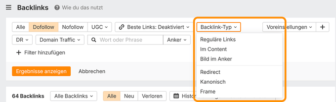 Screenshot der Site Audit Oberfläche mit Filter bei Backlink-Typ