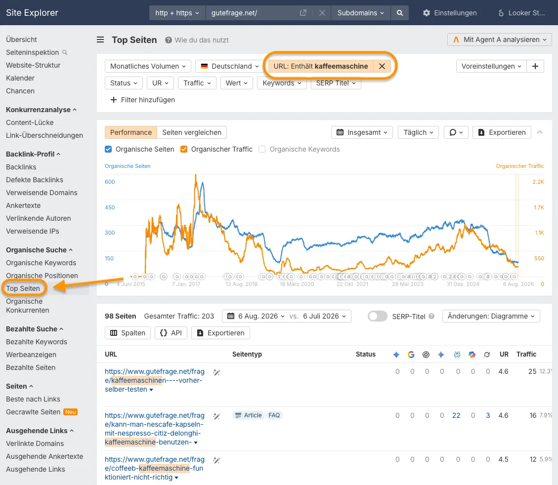 Screenshot aus dem Site Explorer mit dem Top Seiten Bericht