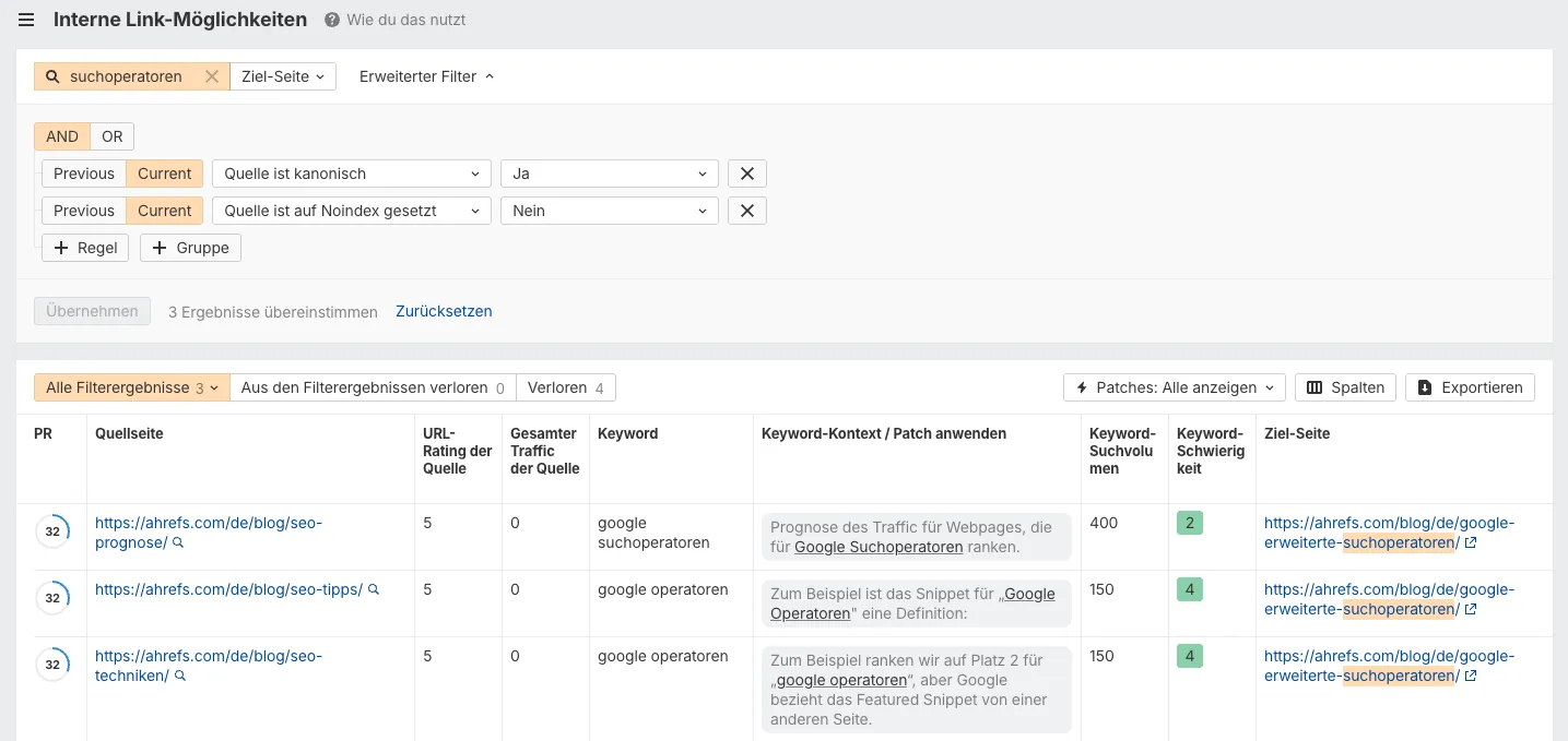 Screenshot aus dem Ahrefs Site Explorer mit internen Linkmöglichkeiten