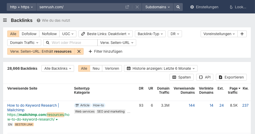 Screenshot aus der Site Explorer App zu Ressourcenseiten