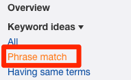 phrase match keywords explorer
