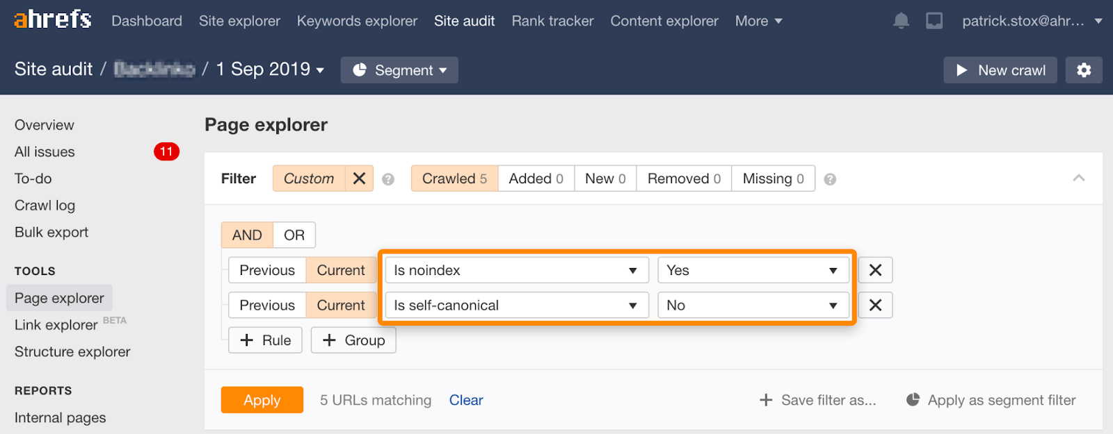 noindex non self canonical site audit