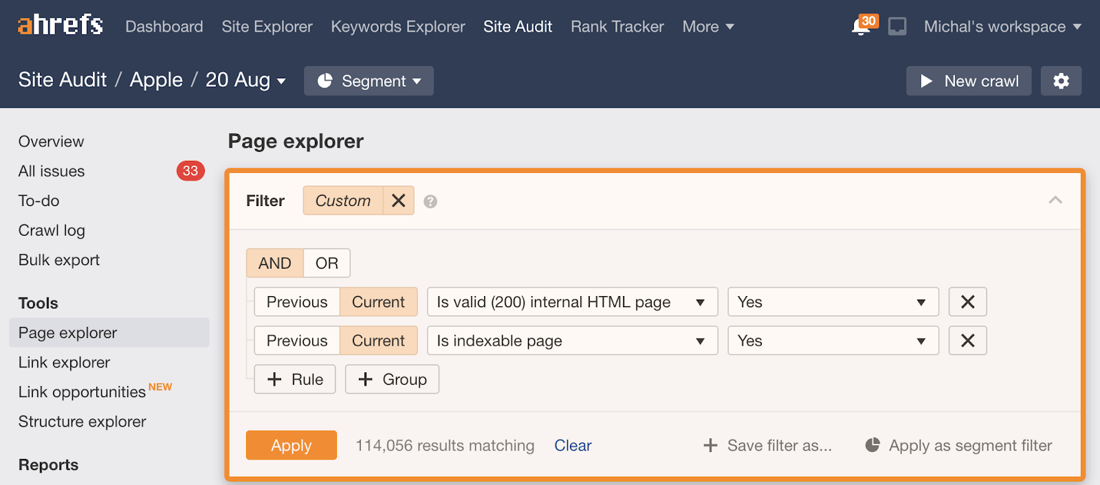 14 site audit page explorer filters