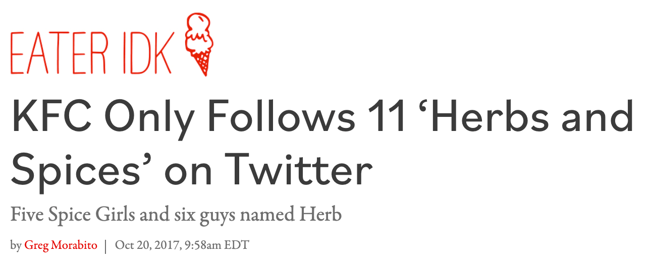 KFC Only Follows 11 Herbs and Spices on Twitter Eater
