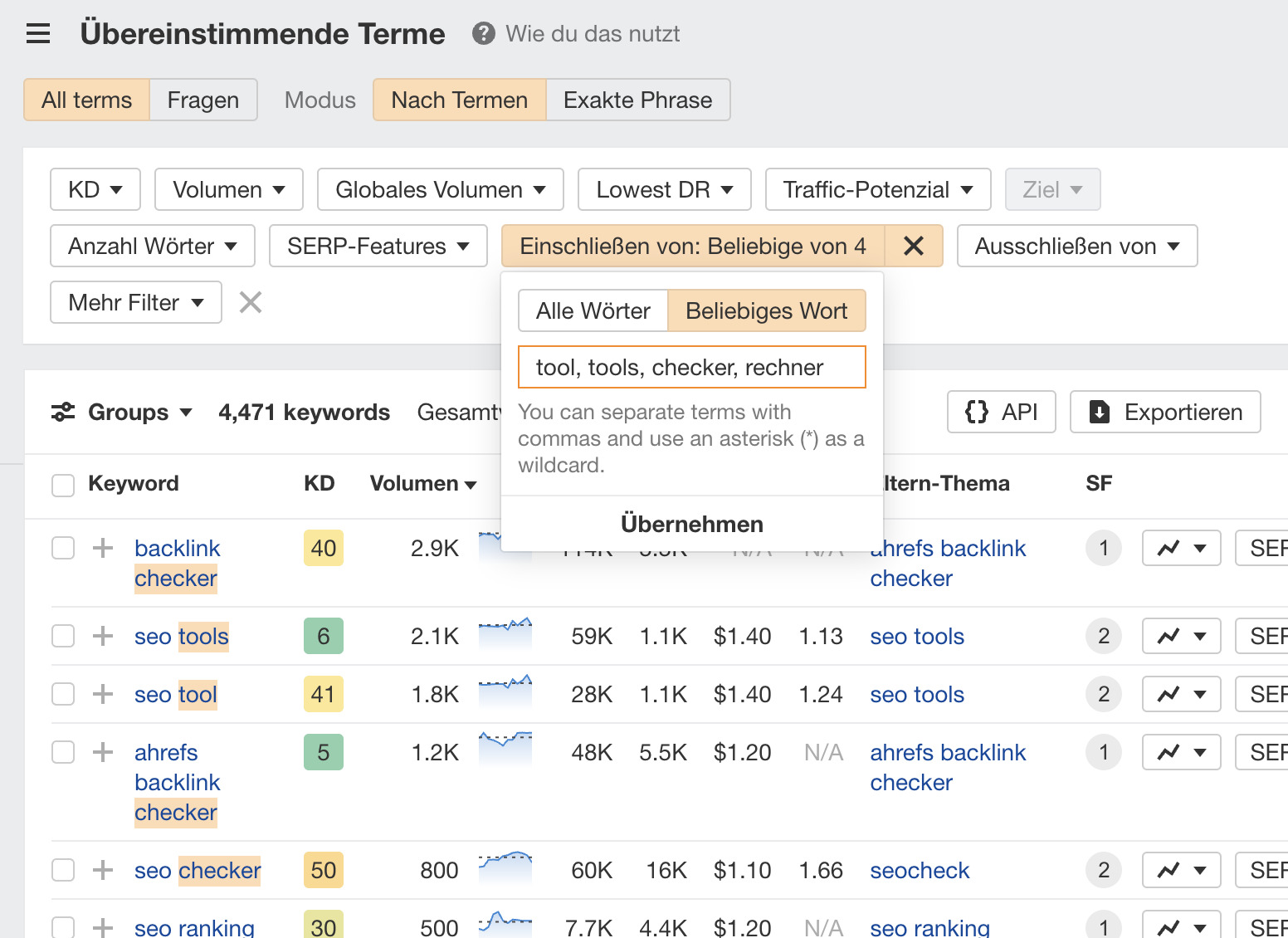 Finding MOFU keywords, via Ahrefs' Keywords Explorer
