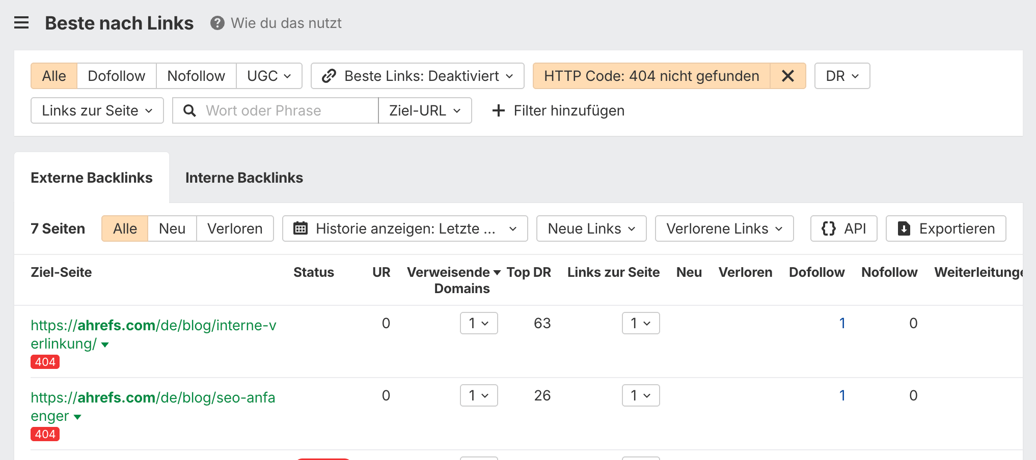 Screenshot des Beste nach Links Reports aus dem Ahrefs Site Explorer