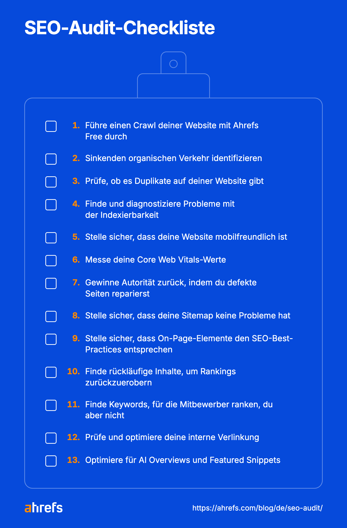 Grafik mit Checkliste der 13 Schritte eines SEO-Audits