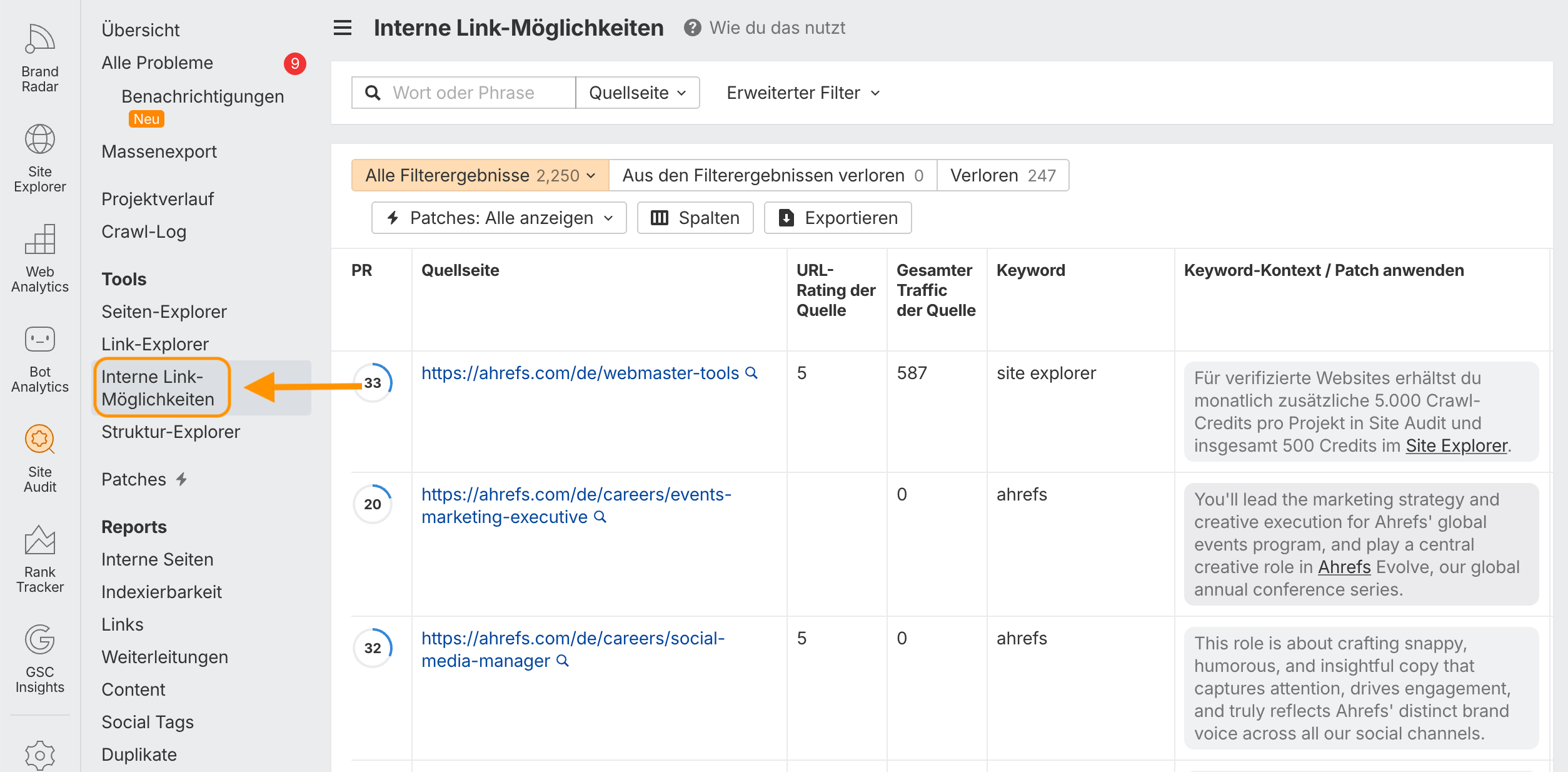 Screenshot aus dem Site Audit von Ahrefs, der den Bericht Interne Link-Möglichkeiten zeigt