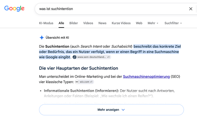 Screenshot einer AI Overview zu einem informationsorientierten Keyword