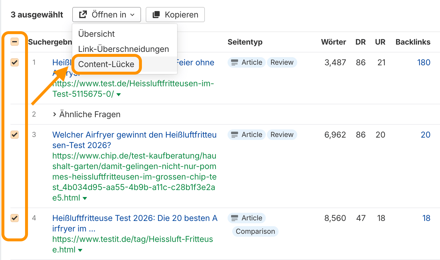 Screenshot der Content Gap Analyse im Ahrefs Keywords Explorer