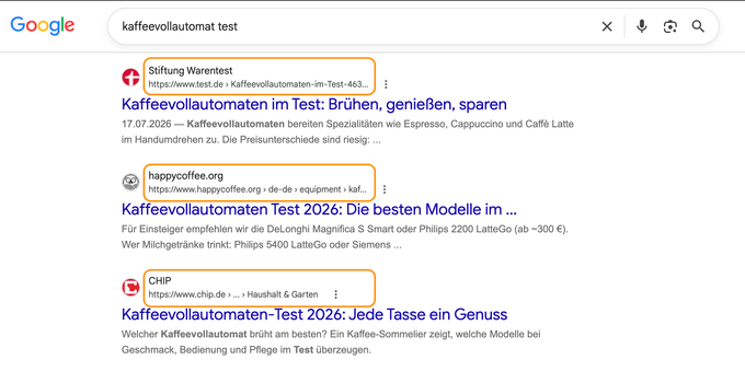 Screenshot der Google SERP des Keywords "Kaffeevollautomat test"