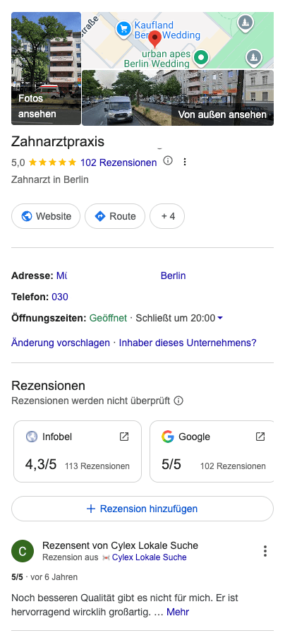 Screenshot eines Google My Business Profils einer lokalen Zahnarztpraxis in Berlin