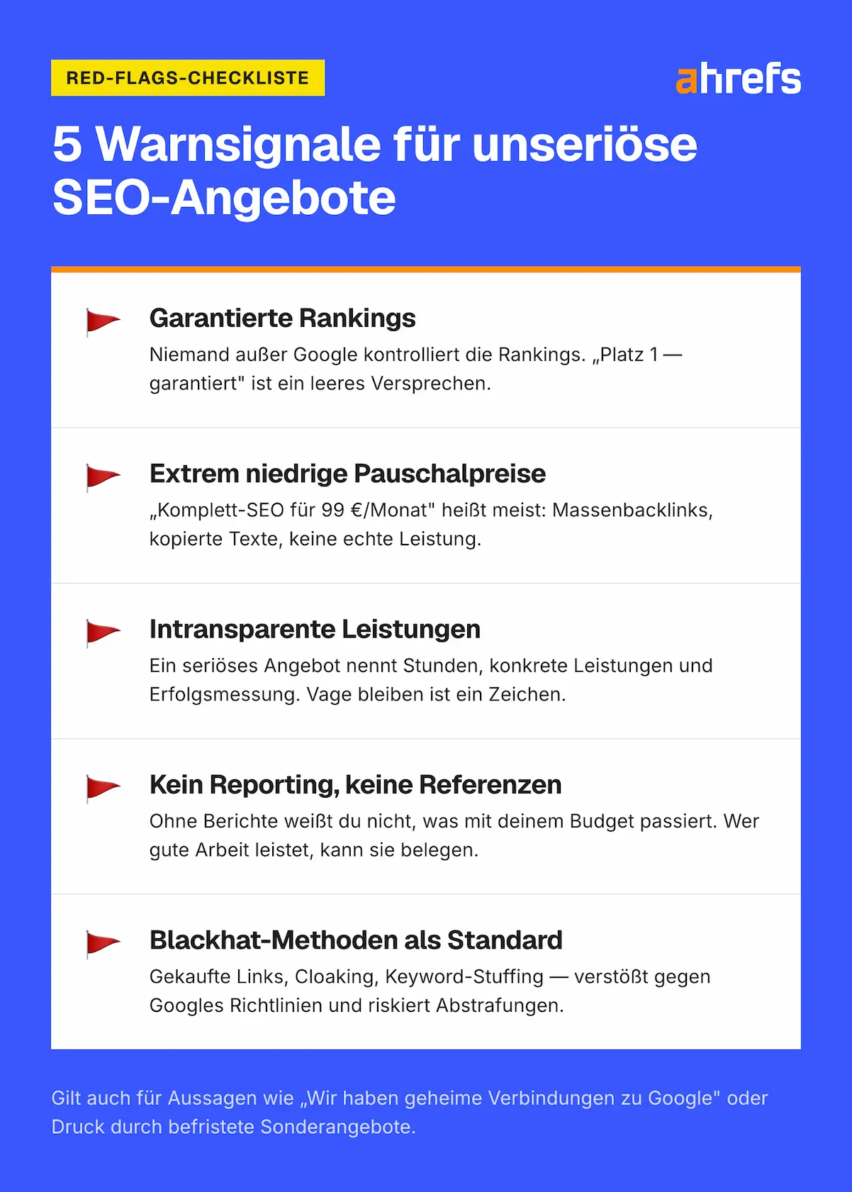 Infografik mit 5 Warnsignalen für unseriöse SEO-Angebote
