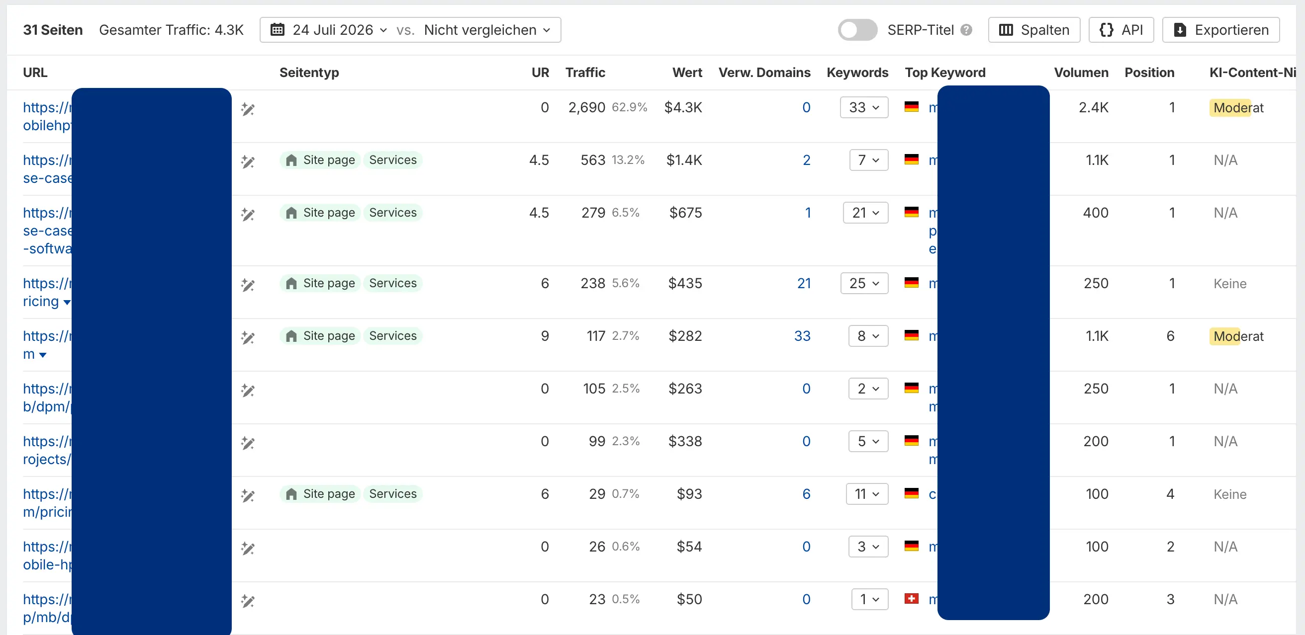 Screenshot aus dem Site Explorer Tool in Ahrefs mit Liste an Top Seiten