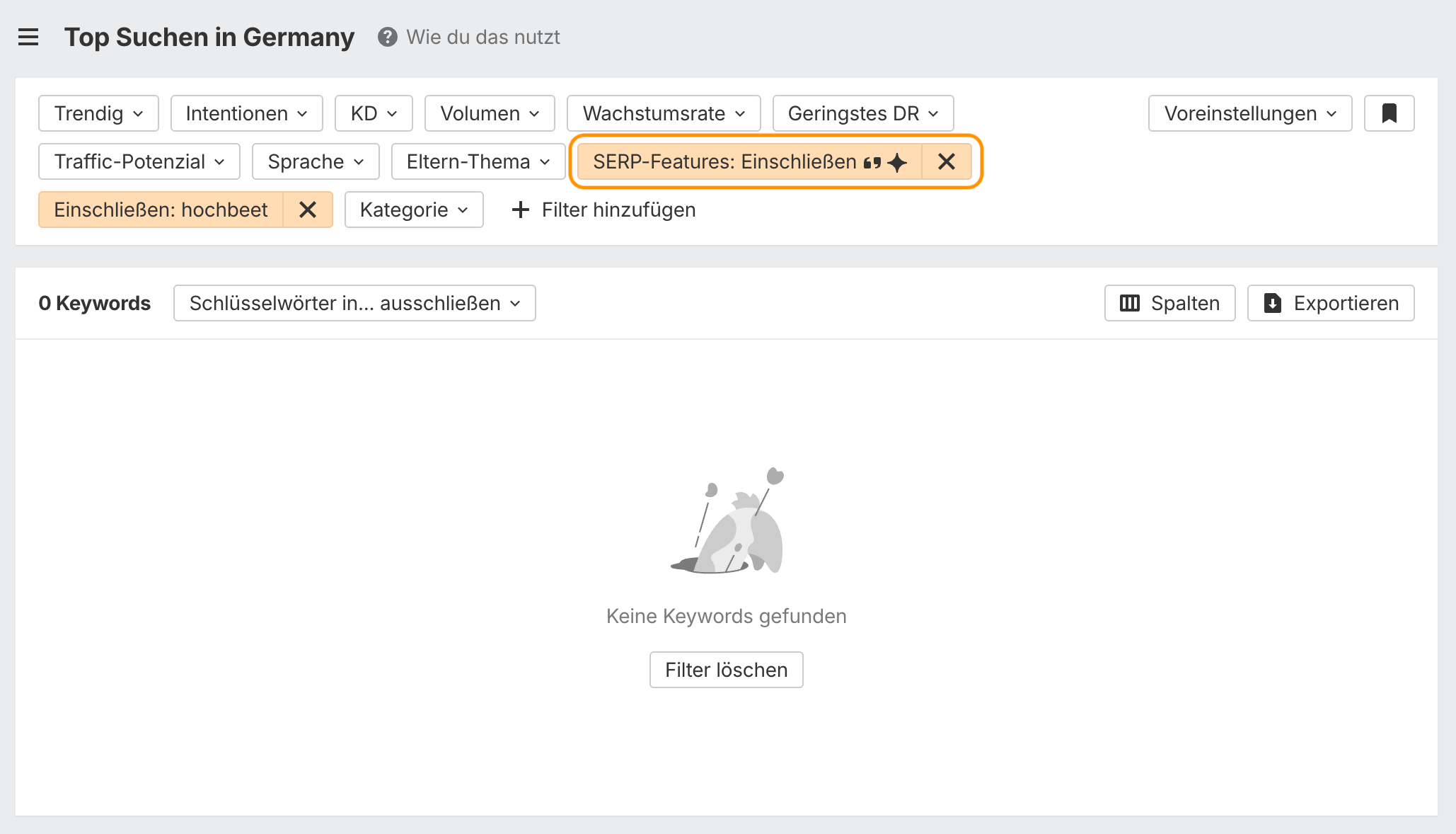 Screenshot aus dem Ahrefs Keyword Explorer zu Keywords mit Featured Snippet und AIO, die Liste ist leer