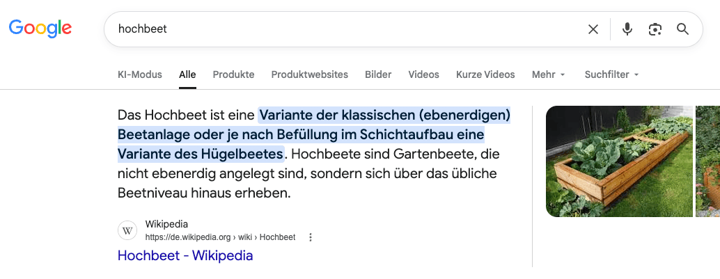 Screenshot der SERP zum Keyword "Hochbeet" mit Featured Snippet