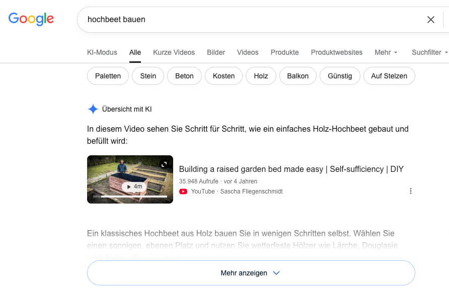 Screenshot der SERP zum Keyword "Hochbeet bauen" mit AIO