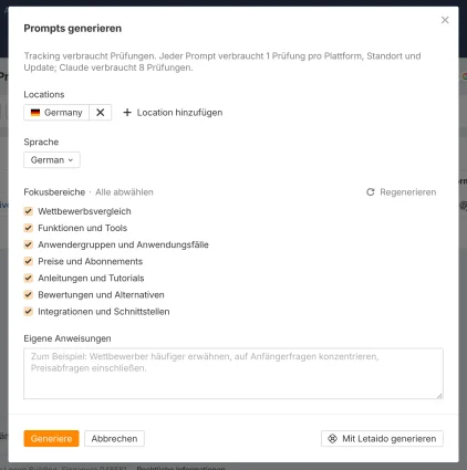 Oberfläche des Brand Radars von Ahrefs, mit der Funktion der Generierung von Prompts