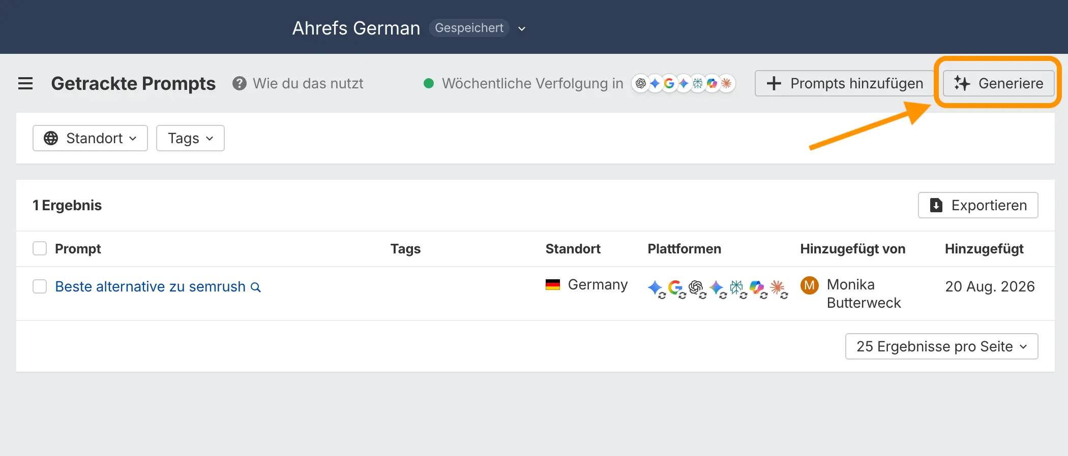 Oberfläche des Brand Radars von Ahrefs, mit der Funktion der Generierung von Prompts
