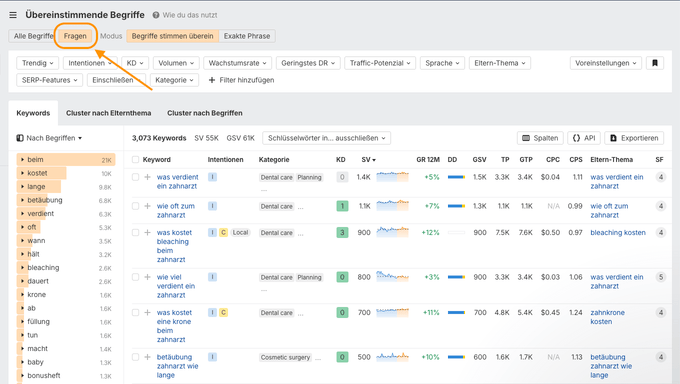 Keywords Explorer zeigt den Questions-Tab mit Ergebnissen für einen breiten Seed-Begriff