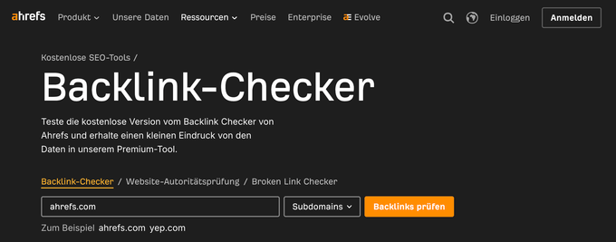 Screenshots aus dem kostenlosen Ahrefs Backlink-Checker