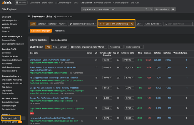 Screenshot aus dem Ahrefs Site Explorer mit Filter nach 301 Weiterleitungen